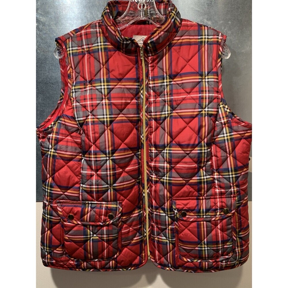 St John's Bay Cabin Barn Chore Vest Bright Brass Zip Plaid Quilted Mock Collar - Picture 2 of 16